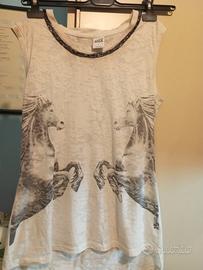 TOP VERO MODA DONNA TEMA CAVALLI BIANCO COTONE