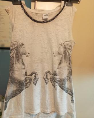 TOP VERO MODA DONNA TEMA CAVALLI BIANCO COTONE