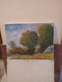 Quadro olio Enrico Paschetta paesaggio alberi