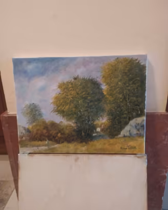 Quadro olio Enrico Paschetta paesaggio alberi