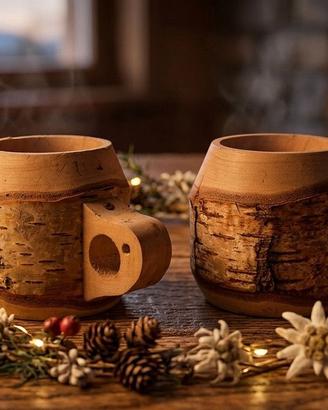Coppia Tazzine in Legno con Corteccia Rustica