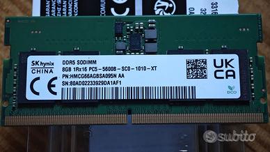 Due Memorie Ram DDR 5 Sodimm Laptop  da 8gb 5600B