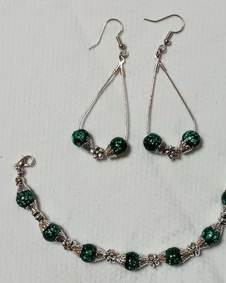 bracciale e orecchini perle verdi/nero