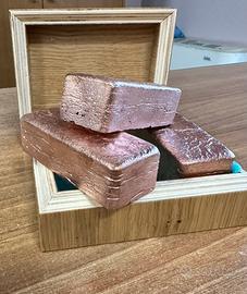 3 lingotti in rame più cofanetto in legno