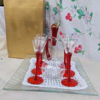 serv.liquore murano vetro trasparente/rosso+piatto