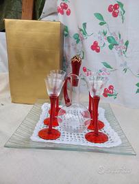 serv.liquore murano vetro trasparente/rosso+piatto