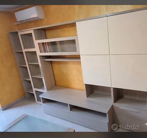 parete attrezzata+libreria olmo perla/bianco