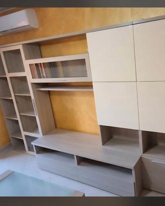parete attrezzata+libreria olmo perla/bianco