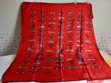 Foulard seta fondo rosso e fantasia Fiat anni 70