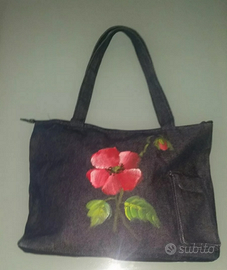 Borsa jeans blu fiori papaveri dipinta a mano
