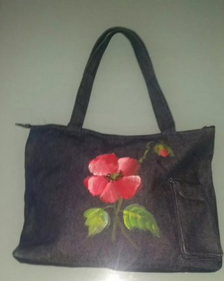 Borsa jeans blu fiori papaveri dipinta a mano