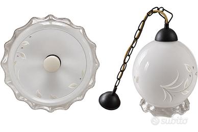 Lampadario vintage in vetro satinato decorato
