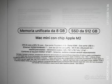 Mac mini M2 512gb+monitor 27" Asus nuovi