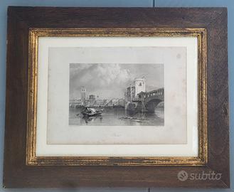 Stampa antica.Pavia il ponte Vecchio