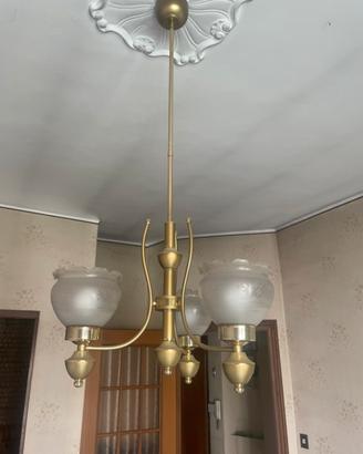 Lampadario 3 luci in ottone dorato con vetri