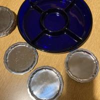 12 Sottobicchieri acciaio 1 antipastiera vetro blu