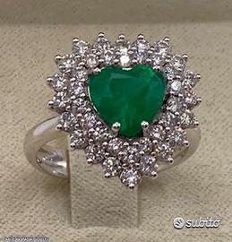 ANELLO CUORE ORO 18kt. DIAMANTI SMERALDO COLOMBIA
