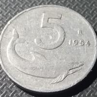 5 Lire Italiana Delfino  Anno 1954 - Romagnoli