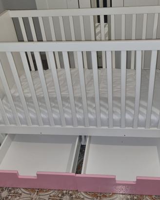 Lettino neonato con Cassettoni – Bianco e Rosa