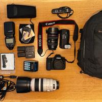 Canon 6d obiettivo flash zaino Lowepro treppiedi