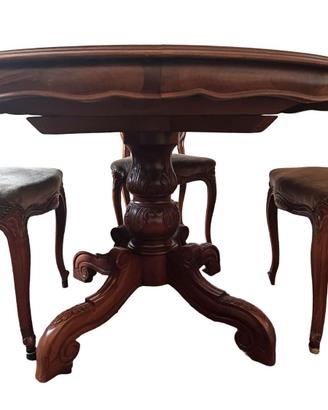 TAVOLO ROTONDO IN LEGNO E 4 SEDIE VINTAGE BAROCCO