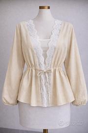 Blusa Beige Peplum-M-Cotton-Dettagli Pizzo-Boho