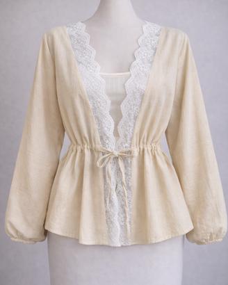 Blusa Beige Peplum-M-Cotton-Dettagli Pizzo-Boho