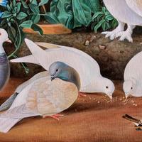 Dipinto olio su tela Colombi e fiori. 