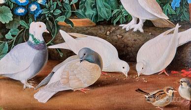 Dipinto olio su tela Colombi e fiori. 