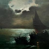 Olio su tela, vele in mare con fortunale