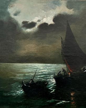Olio su tela, vele in mare con fortunale