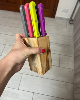 Set ceppo in legno con coltelli colorati