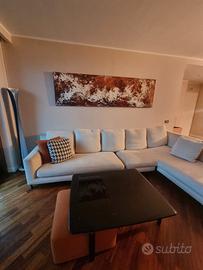 divano Minotti a L , tavolo e pouf color corallo 
