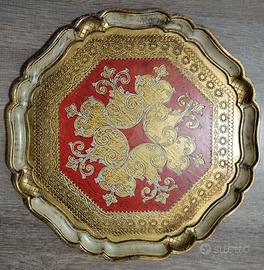 Vassoio Stile Fiorentino Vintage Dorato e Rosso