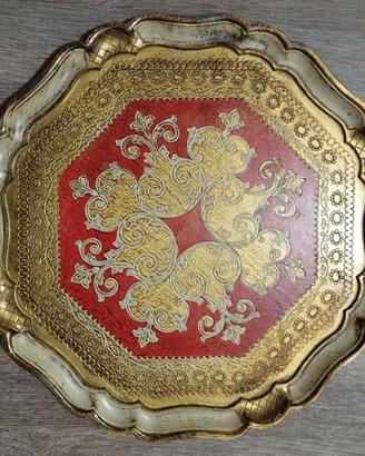 Vassoio Stile Fiorentino Vintage Dorato e Rosso