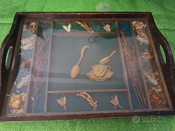 vassoio vintage in legno e vetro con decorazione 