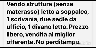 2 stretture di letti soppalco 2 sedie da ufficio