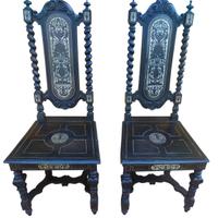Coppia sedie ebanizzate intarsiate Neorinascimento