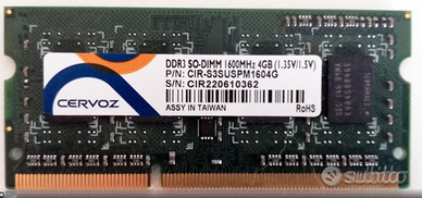 Cervoz RAM DDR3 portatile SO-DIMM 1600Mhz 4Gb