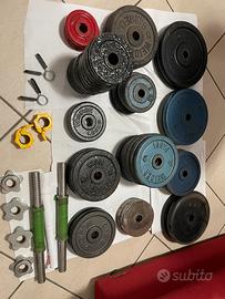 120kg di dischi, Panca, rack, bilancieri, manubri