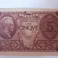 banconota 5 lire regno d'Italia 1944 Atena elmata 