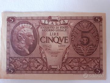 banconota 5 lire regno d'Italia 1944 Atena elmata 