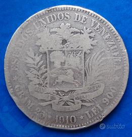 VENEZUELA 1910 Moneta Gram25, 5 Bolivares Argento 