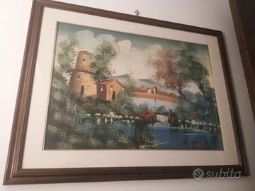 Quadro paesaggio con lago e torre