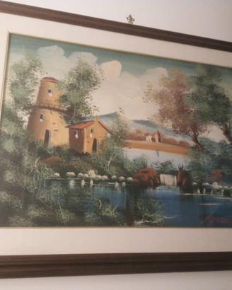 Quadro paesaggio con lago e torre
