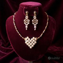 Collana Vintage Cuore di Perle Orecchini Cristallo