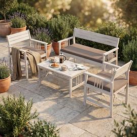 Set Salotto Giardino in Acacia Bianco con Cuscini
