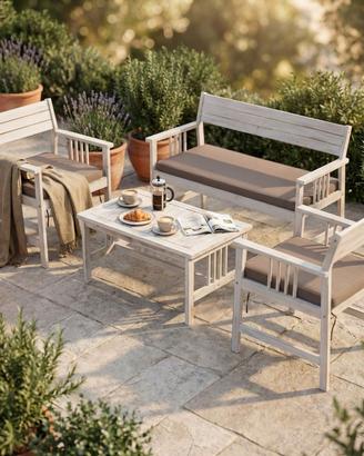 Set Salotto Giardino in Acacia Bianco con Cuscini