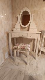 Toeletta Shabby bianca con sgabello e mobile