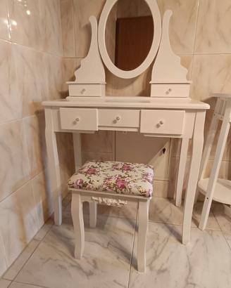 Toeletta Shabby bianca con sgabello e mobile